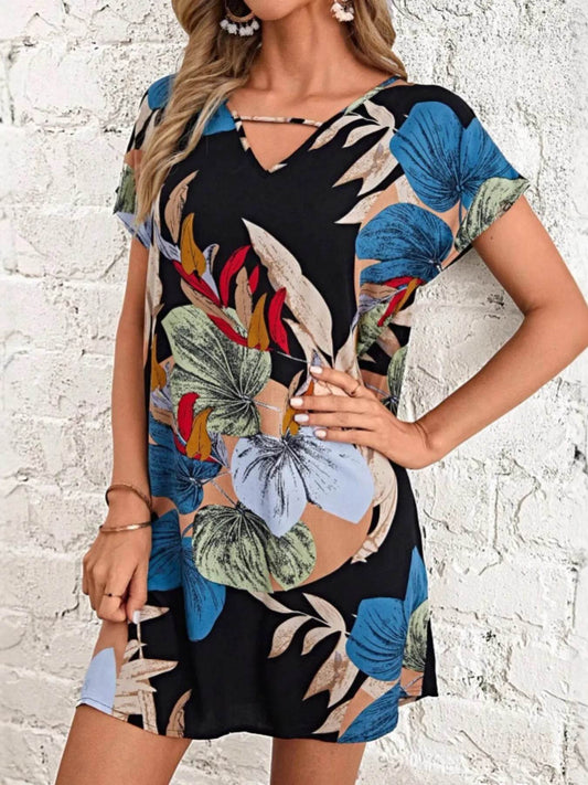 Botanical Print V-Neck Mini Dress - MARIGOLD 