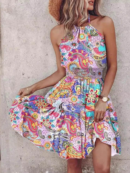 Vibrant Halter Tiered Mini Dress - MARIGOLD 