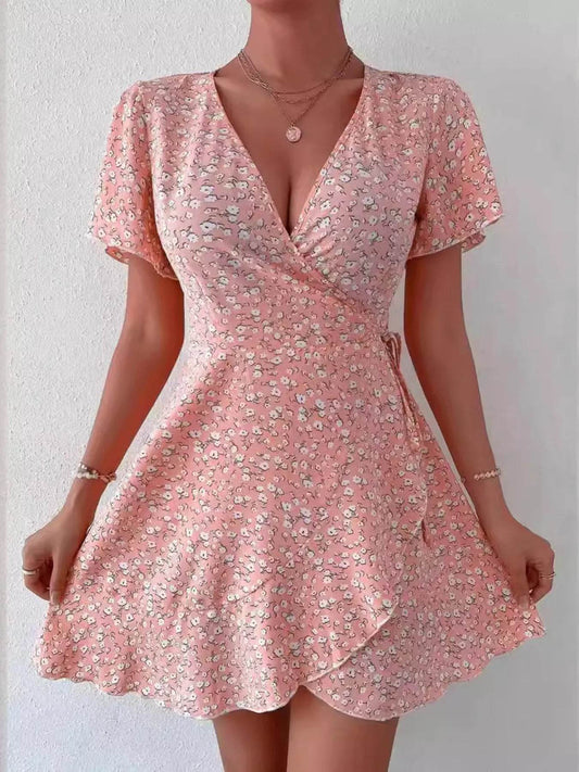 Floral Flutter Sleeve Wrap Mini Dress - MARIGOLD 
