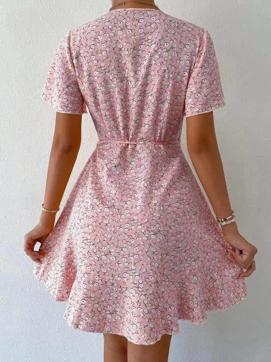 Floral Flutter Sleeve Wrap Mini Dress - MARIGOLD 