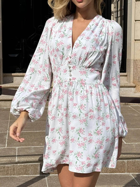 Floral Print Balloon Sleeve Dress - MARIGOLD 