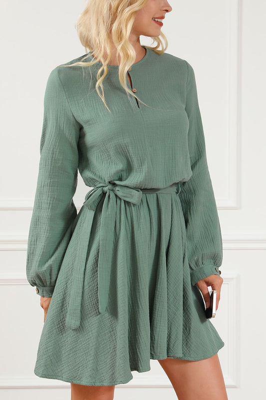 Round Neck Long Sleeve Tie Waist Dress - MARIGOLD 