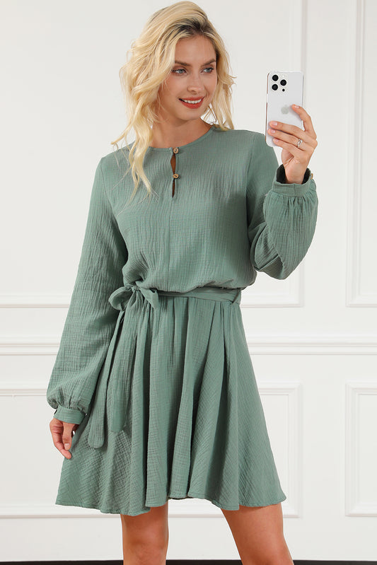 Round Neck Long Sleeve Tie Waist Dress - MARIGOLD 