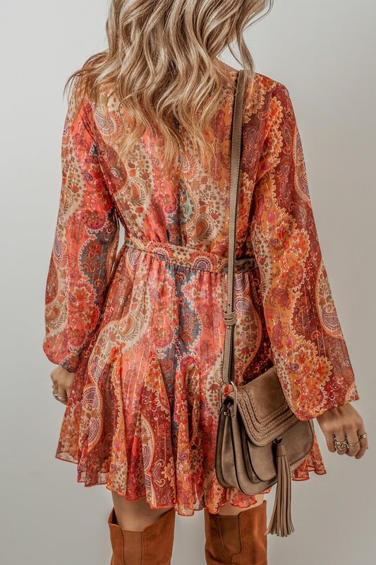 Bohemian Paisley-Print Tie-Waist Balloon Long-Sleeve Mini Dress - MARIGOLD 