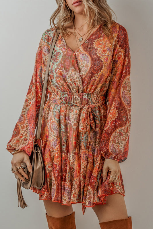 Bohemian Paisley-Print Tie-Waist Balloon Long-Sleeve Mini Dress - MARIGOLD 