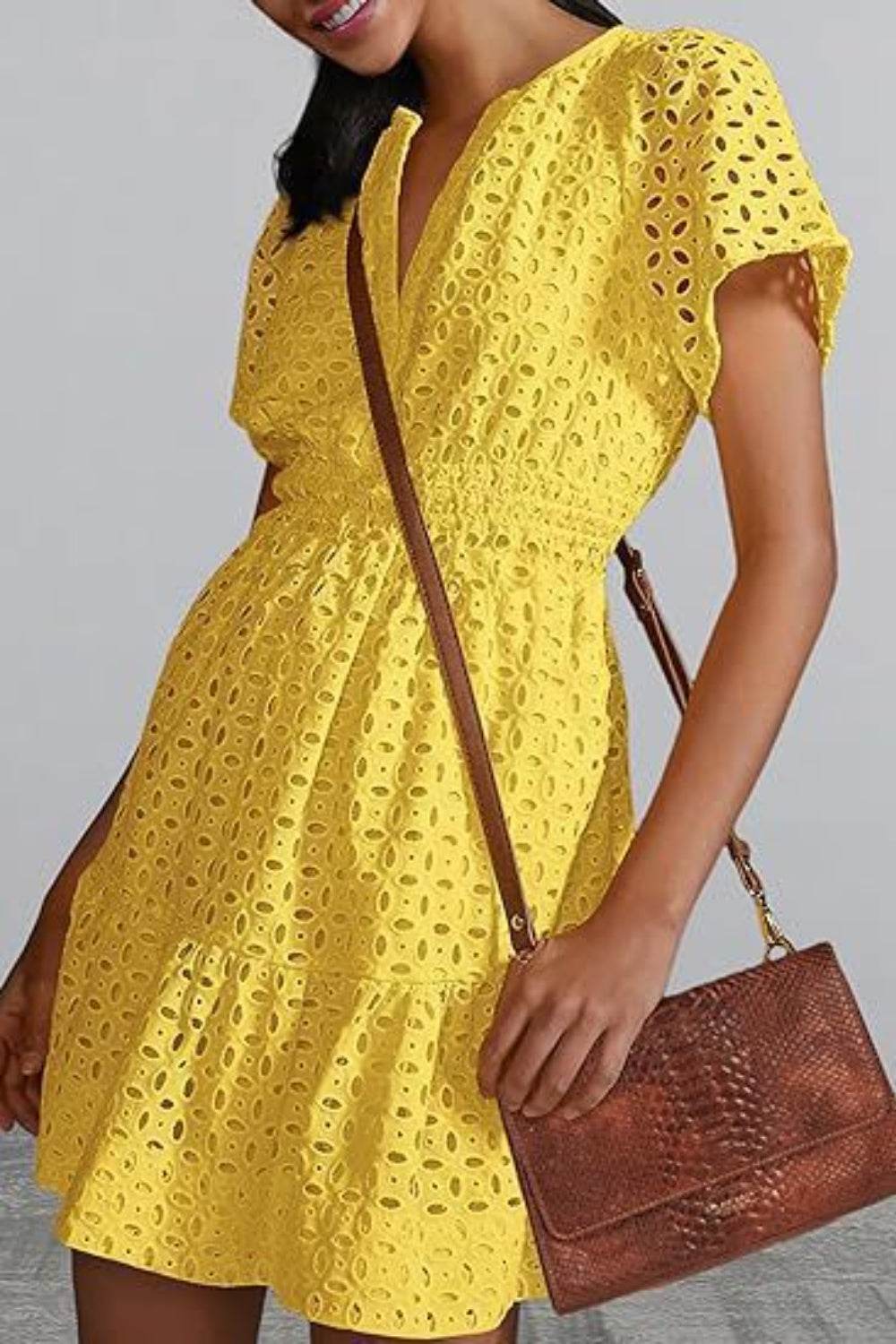 Eyelet Notched Short Sleeve Mini Dress - MARIGOLD 