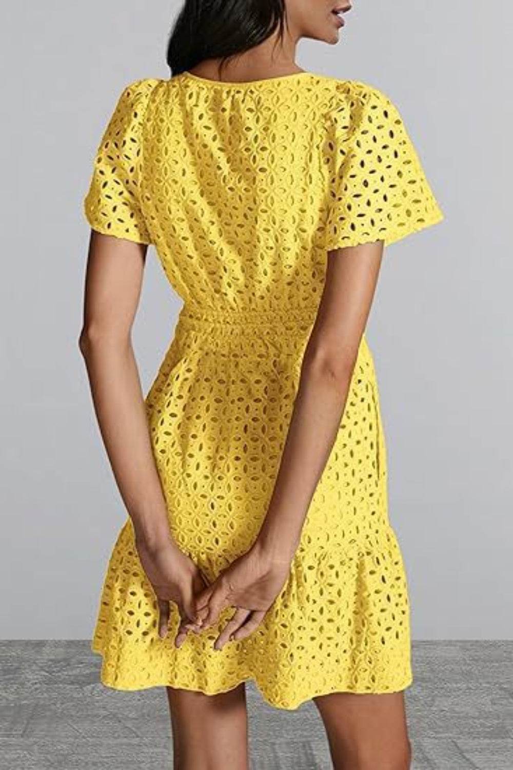 Eyelet Notched Short Sleeve Mini Dress - MARIGOLD 