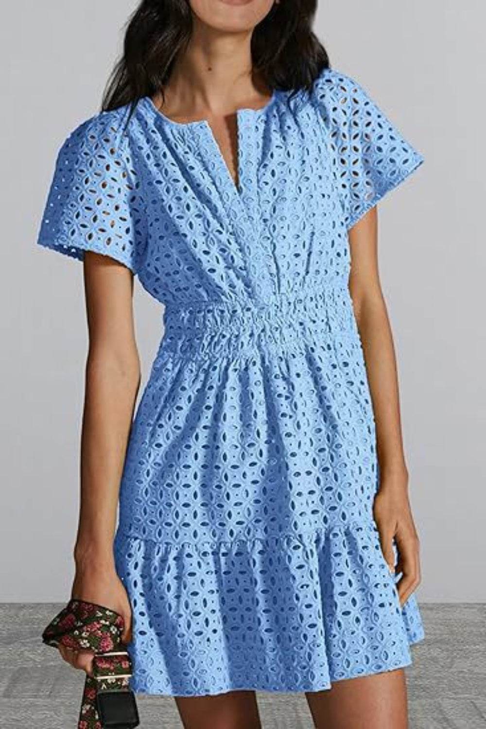 Eyelet Notched Short Sleeve Mini Dress - MARIGOLD 