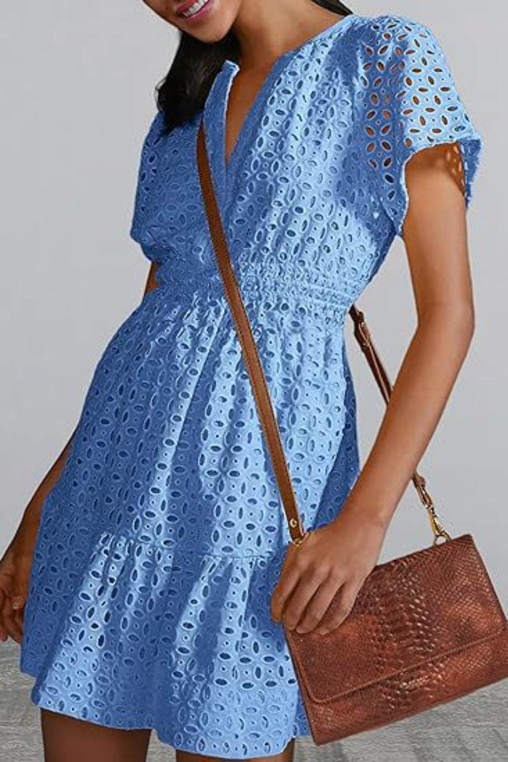Eyelet Notched Short Sleeve Mini Dress - MARIGOLD 