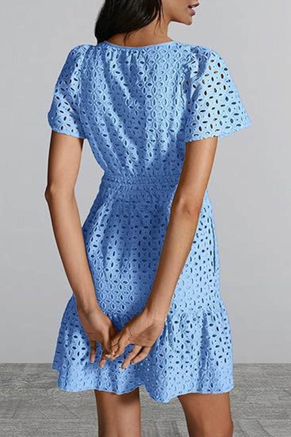 Eyelet Notched Short Sleeve Mini Dress - MARIGOLD 