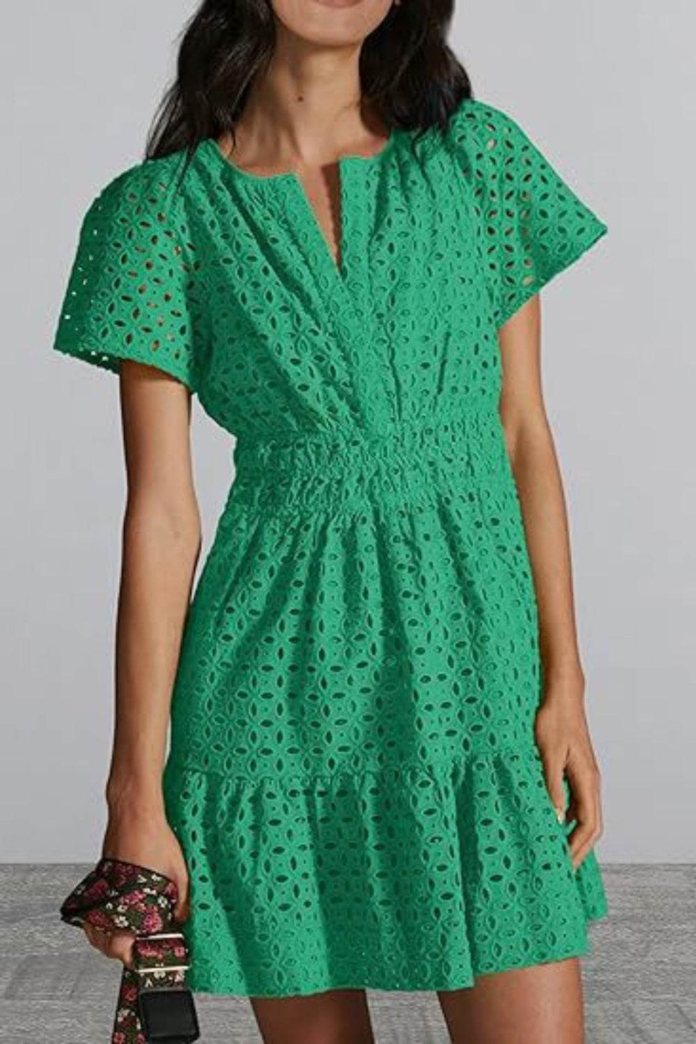 Eyelet Notched Short Sleeve Mini Dress - MARIGOLD 