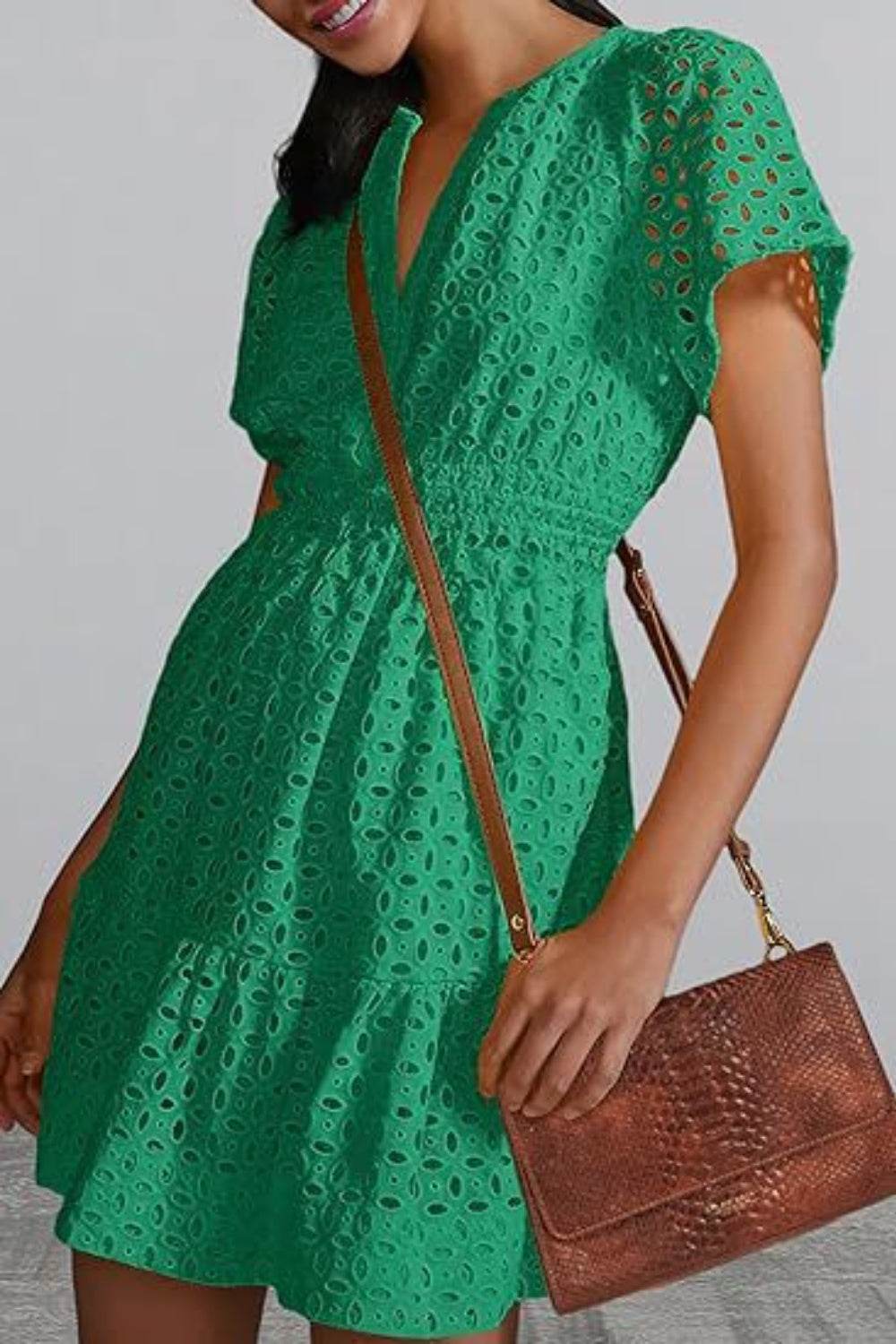 Eyelet Notched Short Sleeve Mini Dress - MARIGOLD 