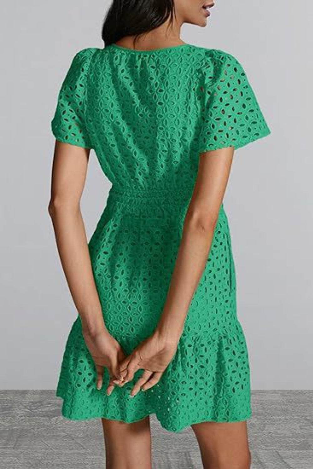 Eyelet Notched Short Sleeve Mini Dress - MARIGOLD 
