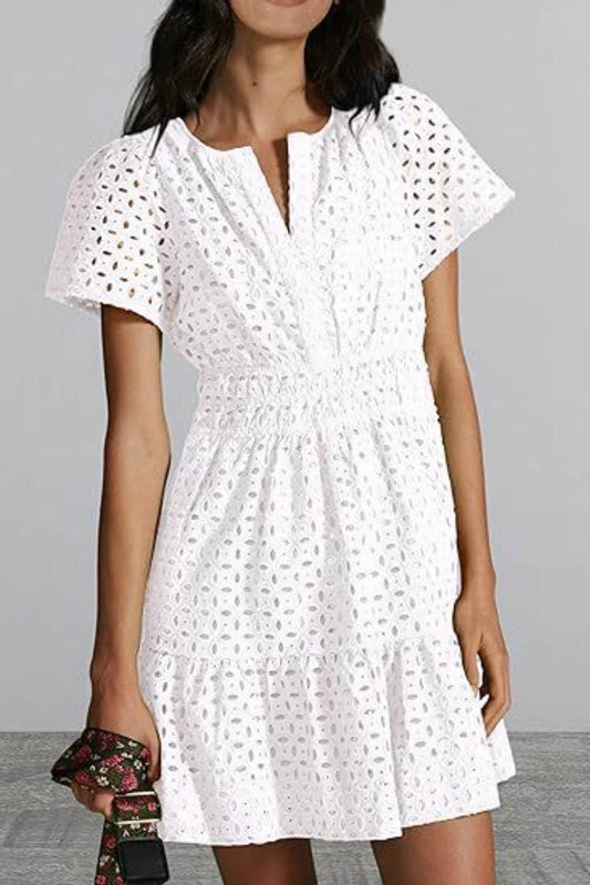 Eyelet Notched Short Sleeve Mini Dress - MARIGOLD 
