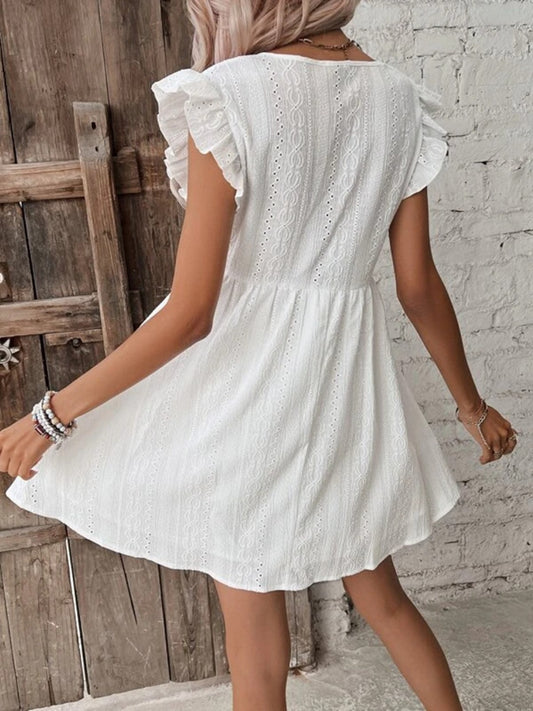 Eyelet Ruffled Cap Sleeve Mini Dress - MARIGOLD 