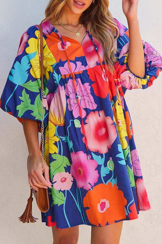 Floral Print Tie Neck Babydoll Dress - MARIGOLD 