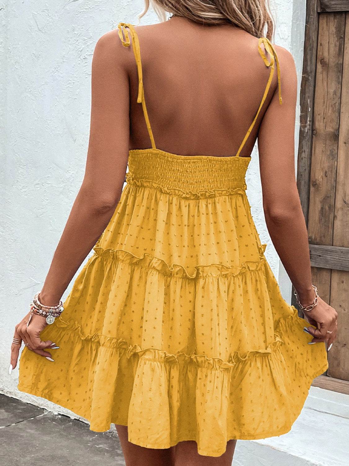Shiny Frill Spaghetti Strap Tiered Dress - MARIGOLD 