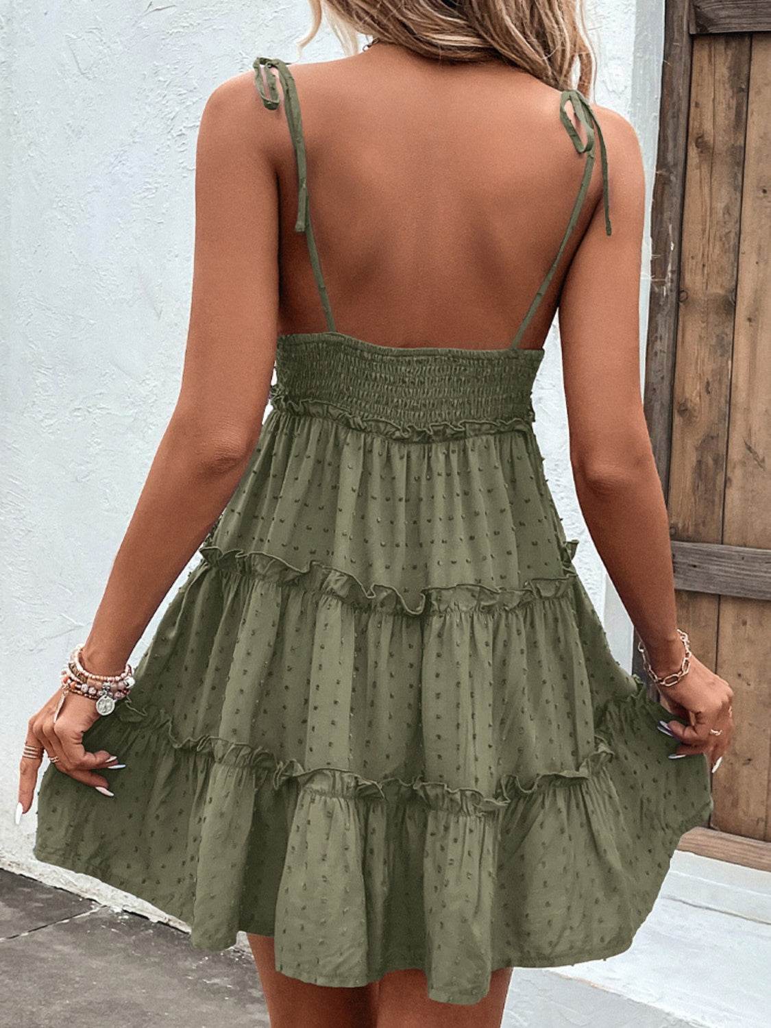 Shiny Frill Spaghetti Strap Tiered Dress - MARIGOLD 