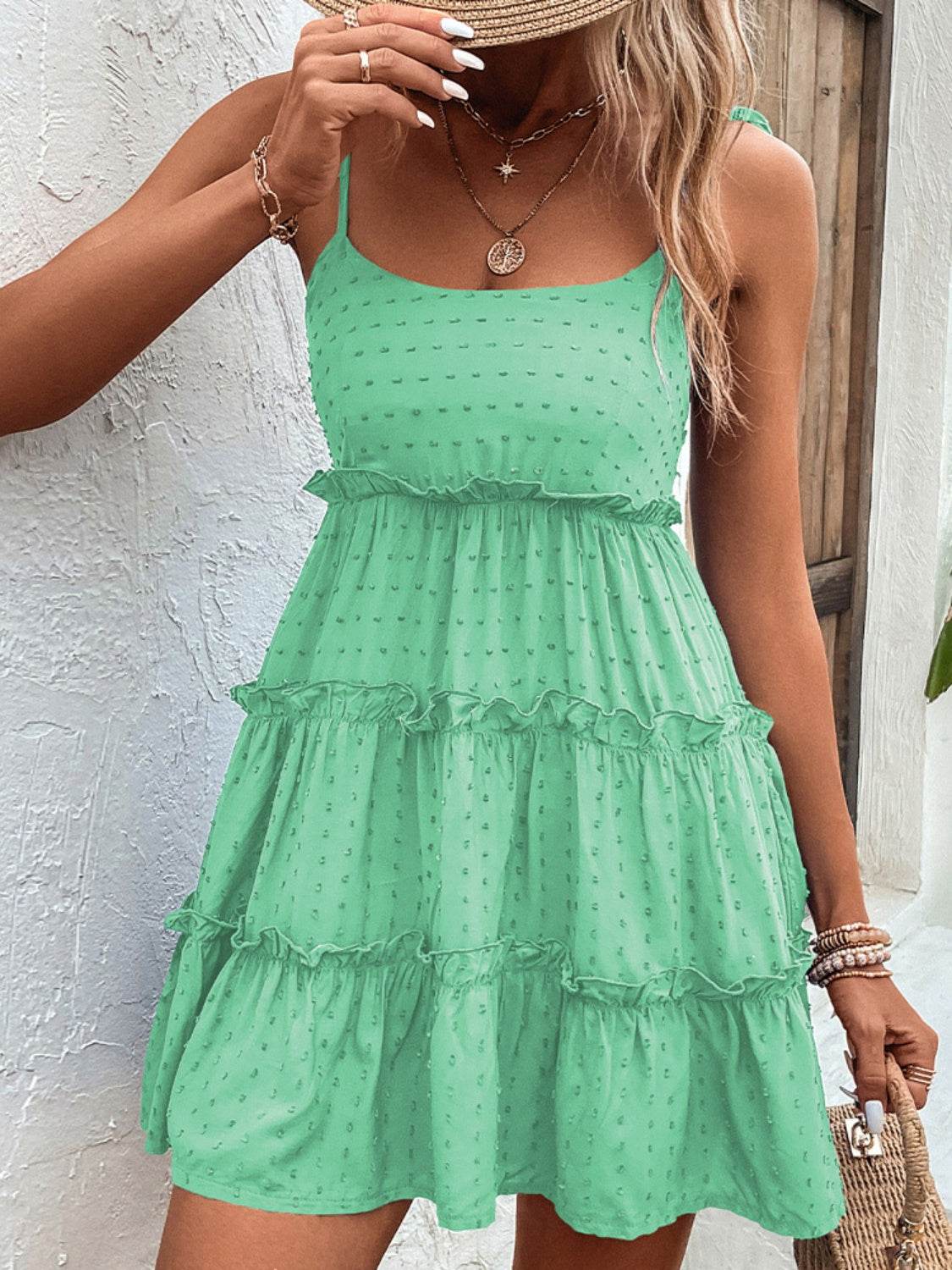 Shiny Frill Spaghetti Strap Tiered Dress - MARIGOLD 
