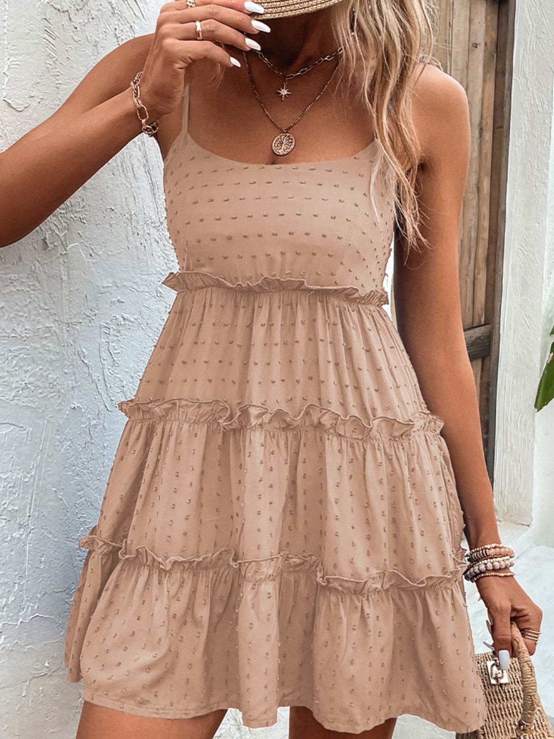 Shiny Frill Spaghetti Strap Tiered Dress - MARIGOLD 