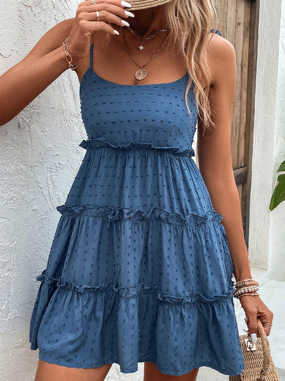 Shiny Frill Spaghetti Strap Tiered Dress - MARIGOLD 