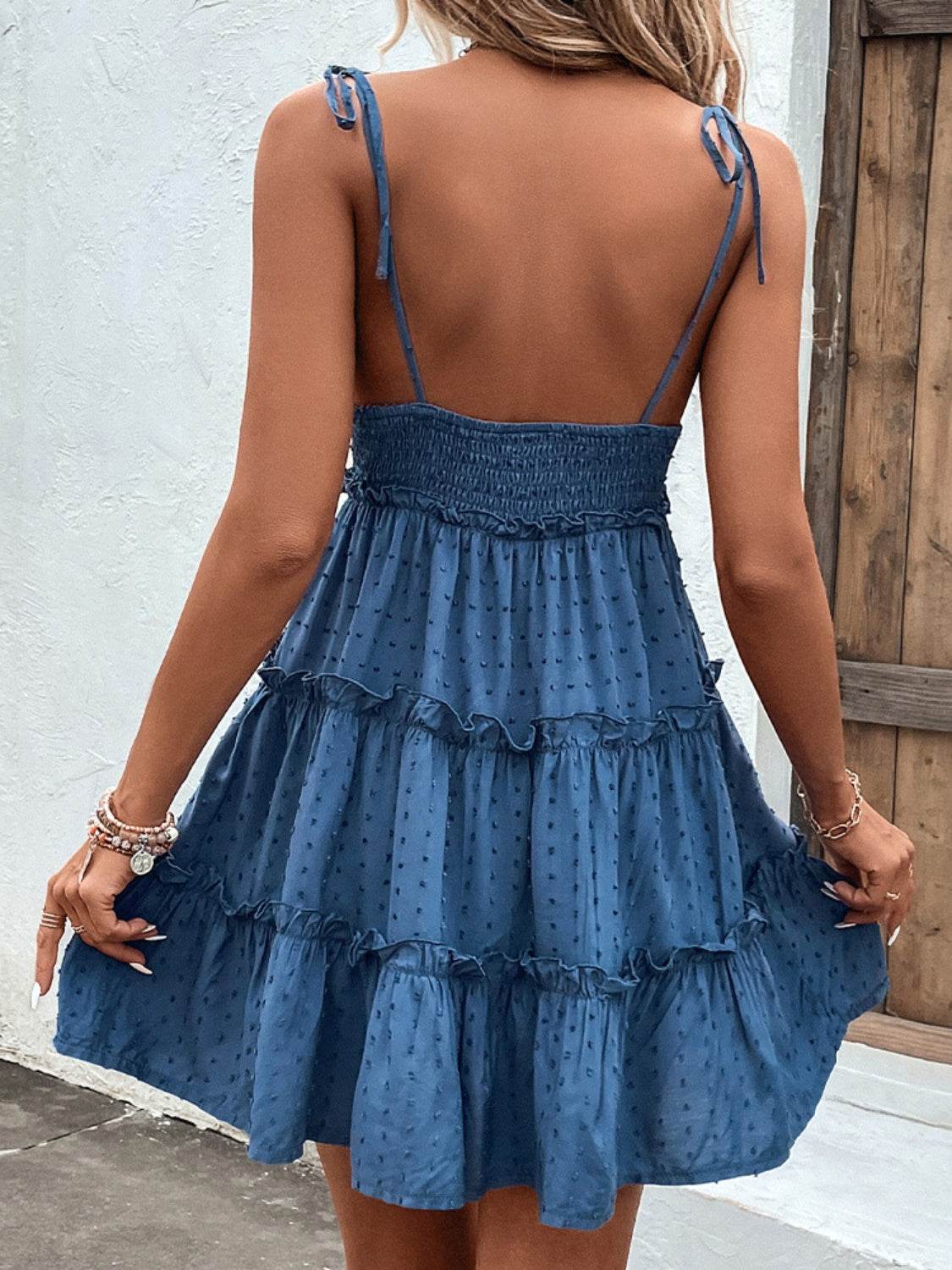 Shiny Frill Spaghetti Strap Tiered Dress - MARIGOLD 
