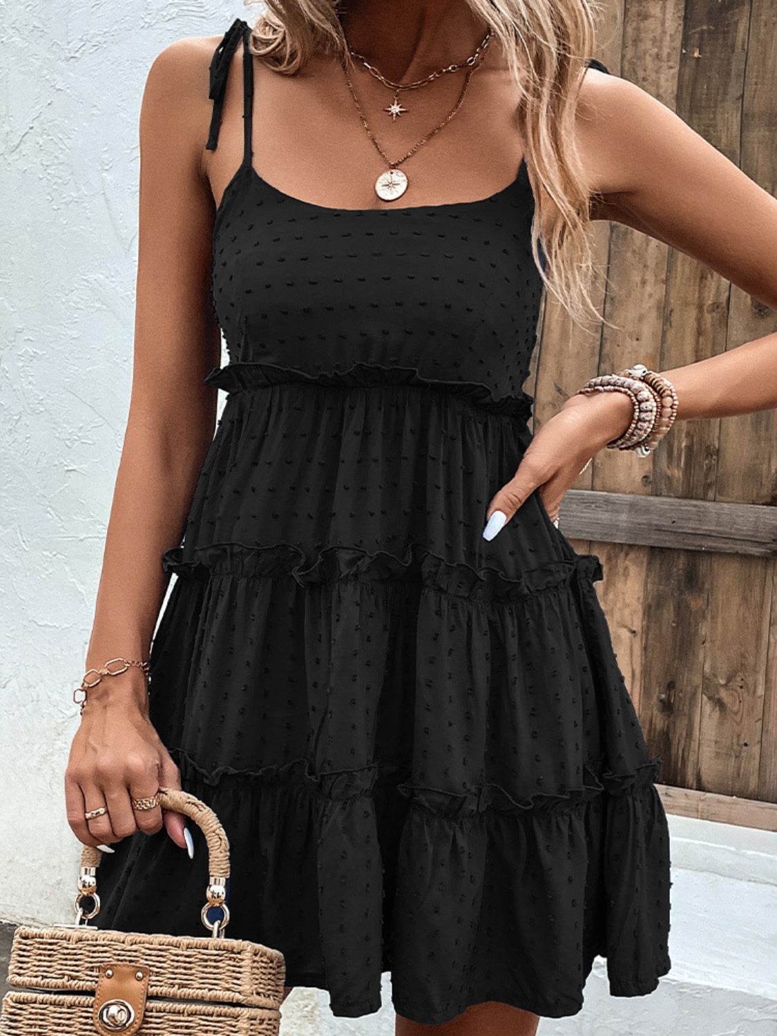 Shiny Frill Spaghetti Strap Tiered Dress - MARIGOLD 