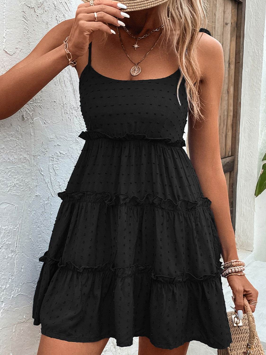 Shiny Frill Spaghetti Strap Tiered Dress - MARIGOLD 