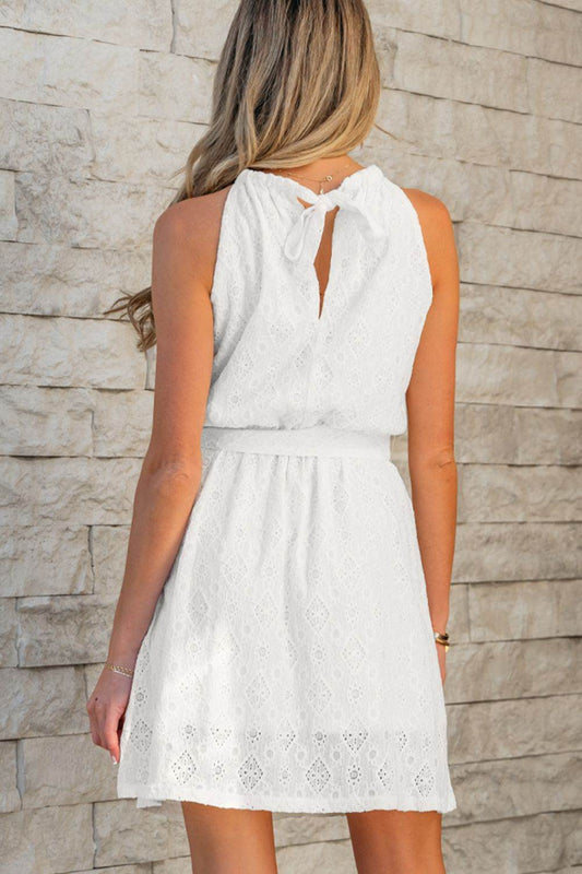 White Lace Halter Mini Dress with Tie Waist & Back Neck Tie - MARIGOLD 
