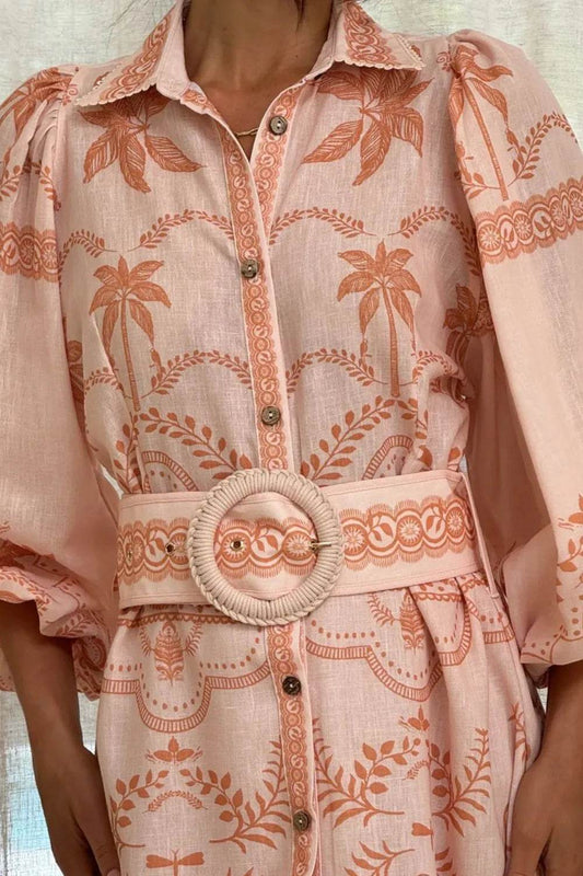 Printed Balloon Sleeve Maxi Shirt Dress - MARIGOLD 