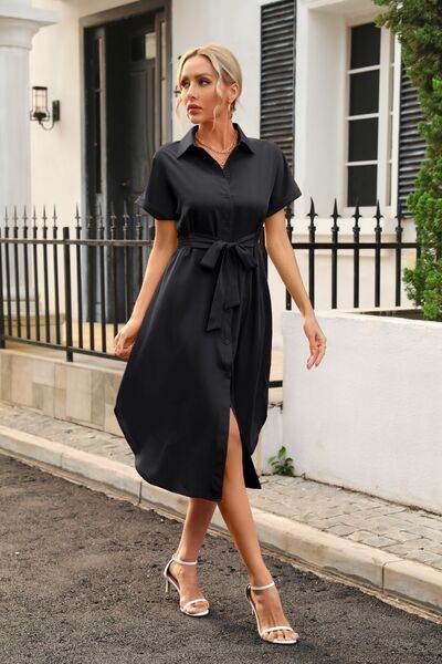 Classic Chic Waist Tie Shirt Dress - MARIGOLD 