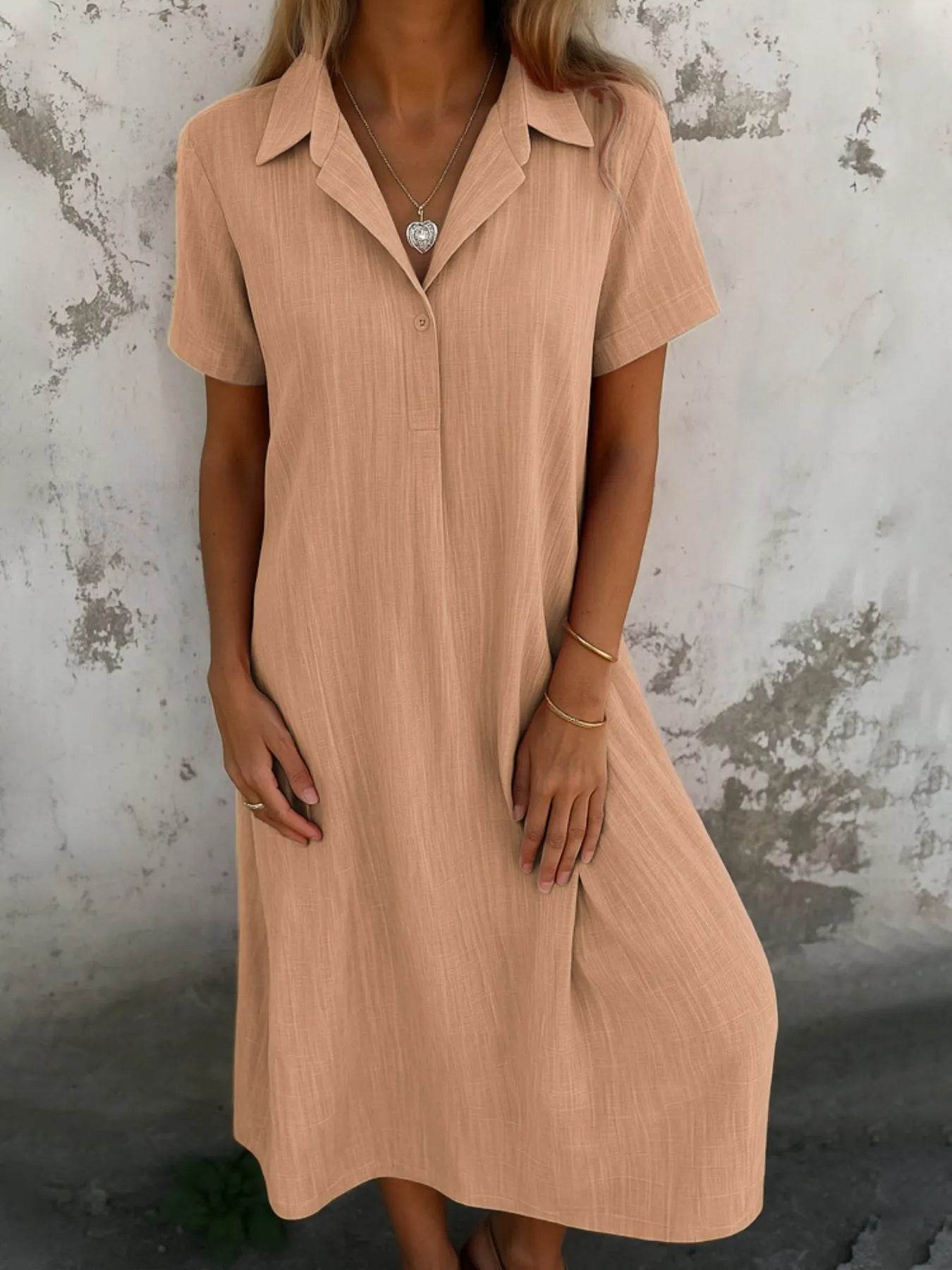 Short Sleeve Midi Shirt Dress - MARIGOLD 