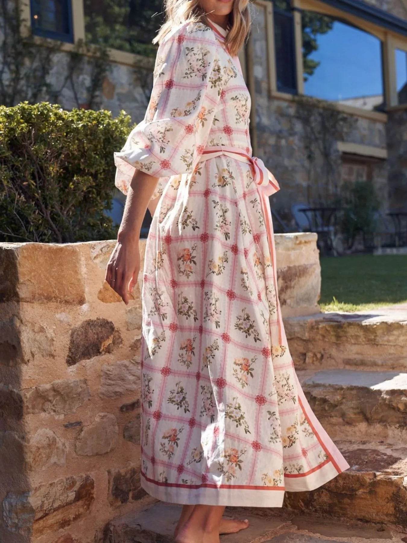 Printed Tie Waist Midi Shirt Dress - MARIGOLD 