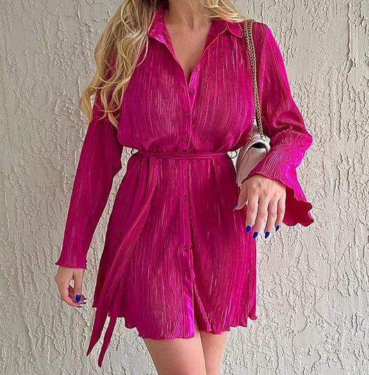 Long Sleeve Mini Shirt Dress hot pink