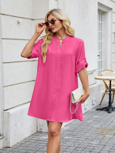 Minimalist Notch-Neck Mini Shirt Dress - MARIGOLD 
