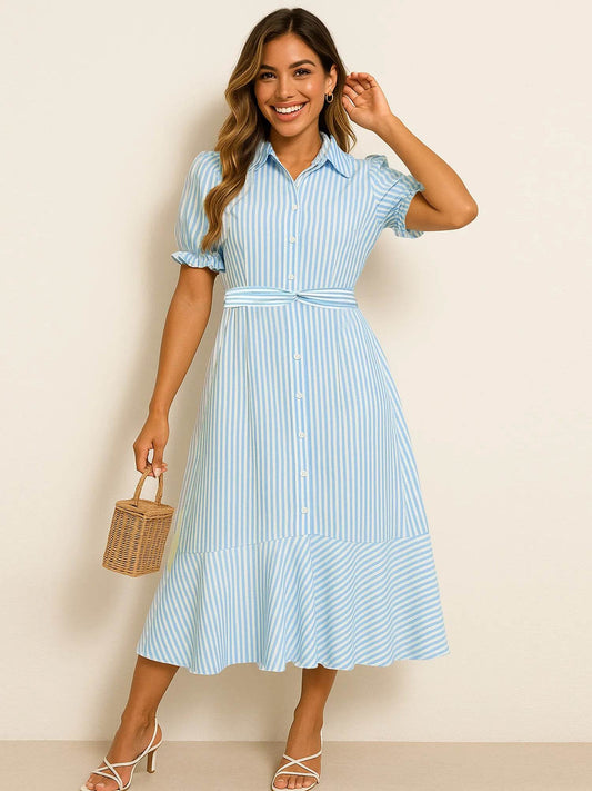 Striped Button-Down Midi Shirt Dress - MARIGOLD 