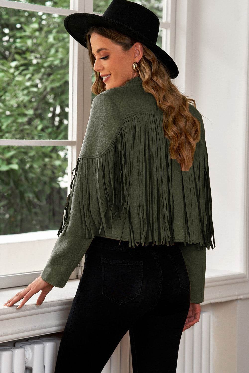 Fringe Trim Lapel Collar Cropped Blazer - MARIGOLD 