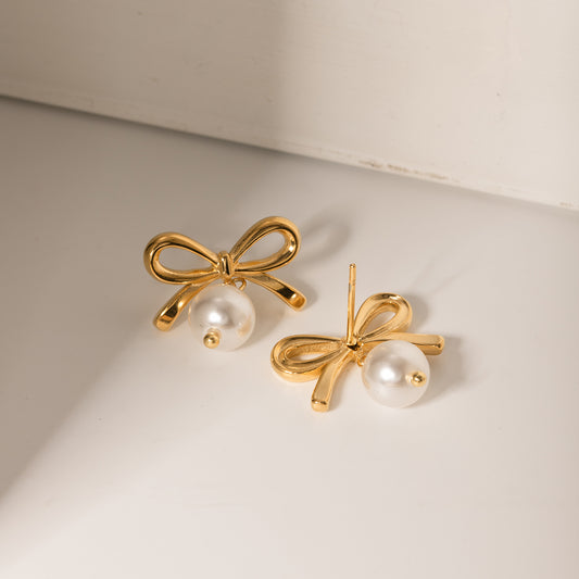 Elegant Bow Faux Pearl Stainless Steel Earrings - MARIGOLD 