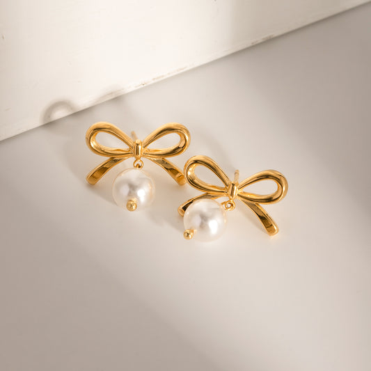 Elegant Bow Faux Pearl Stainless Steel Earrings - MARIGOLD 