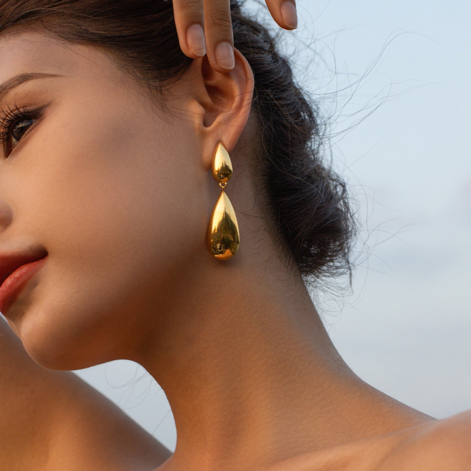Elegant Double Tear Drop Stainless Steel Dangle Earrings - MARIGOLD 