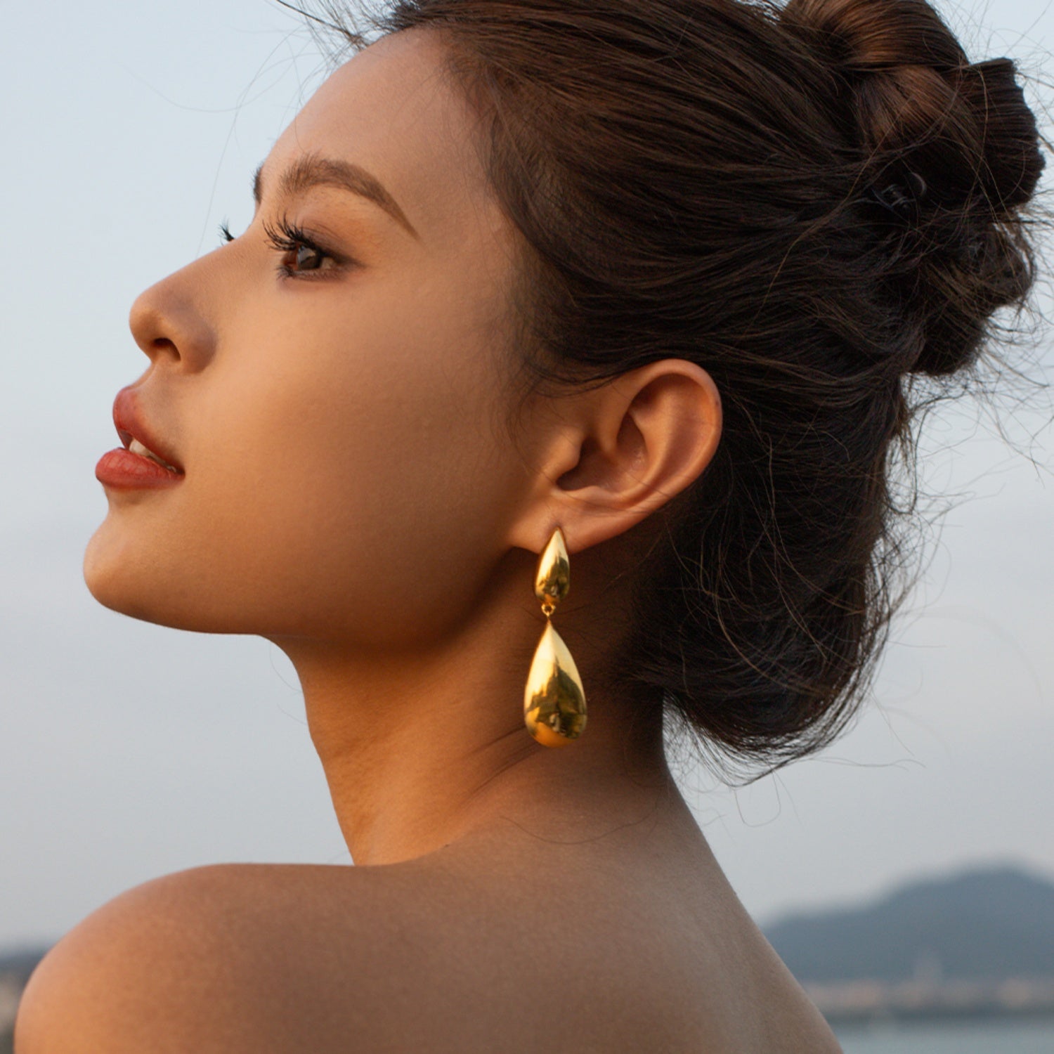 Elegant Double Tear Drop Stainless Steel Dangle Earrings - MARIGOLD 