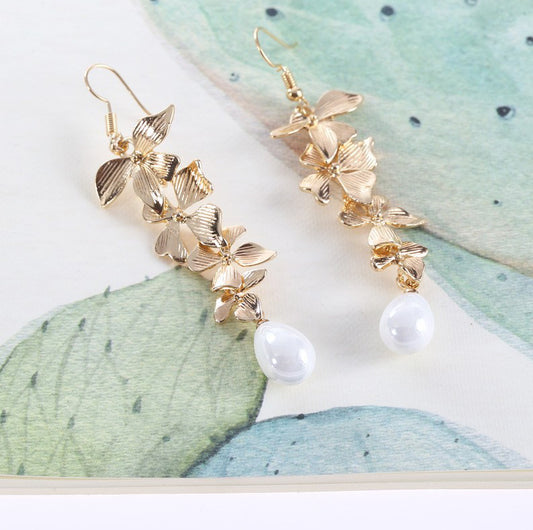 Flower & Faux Pearl Dangling Fashion Earrings - MARIGOLD 