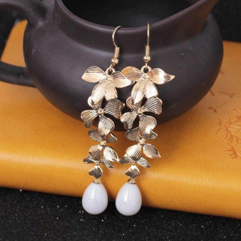 Flower & Faux Pearl Dangling Fashion Earrings - MARIGOLD 