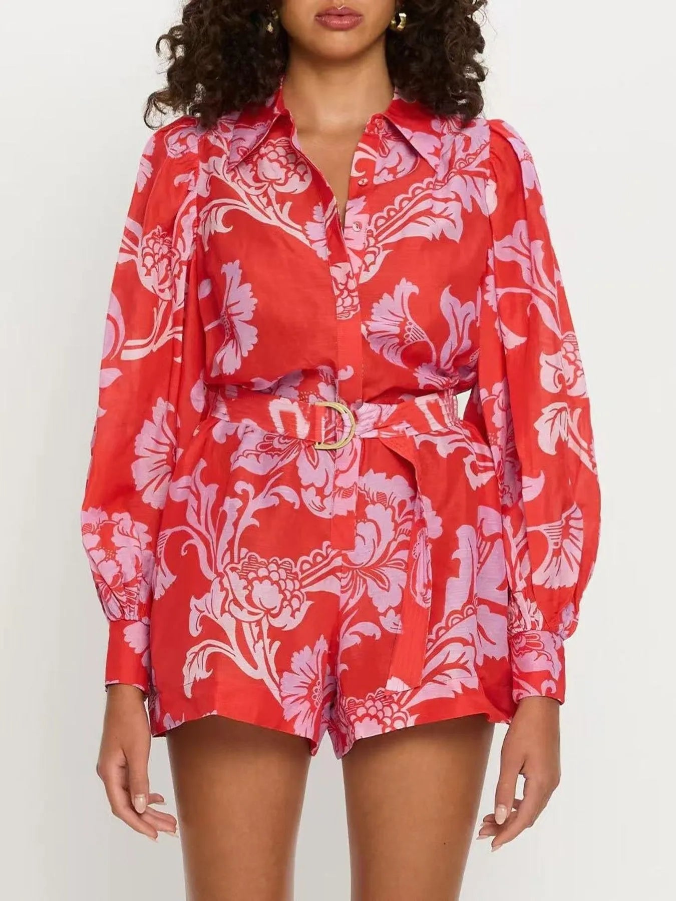 Floral Print Long Sleeve Belted Romper red