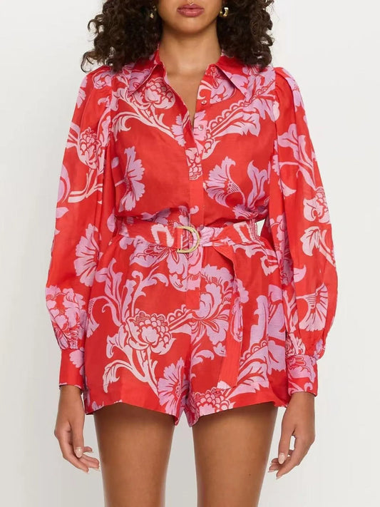 Floral Print Long Sleeve Belted Romper red