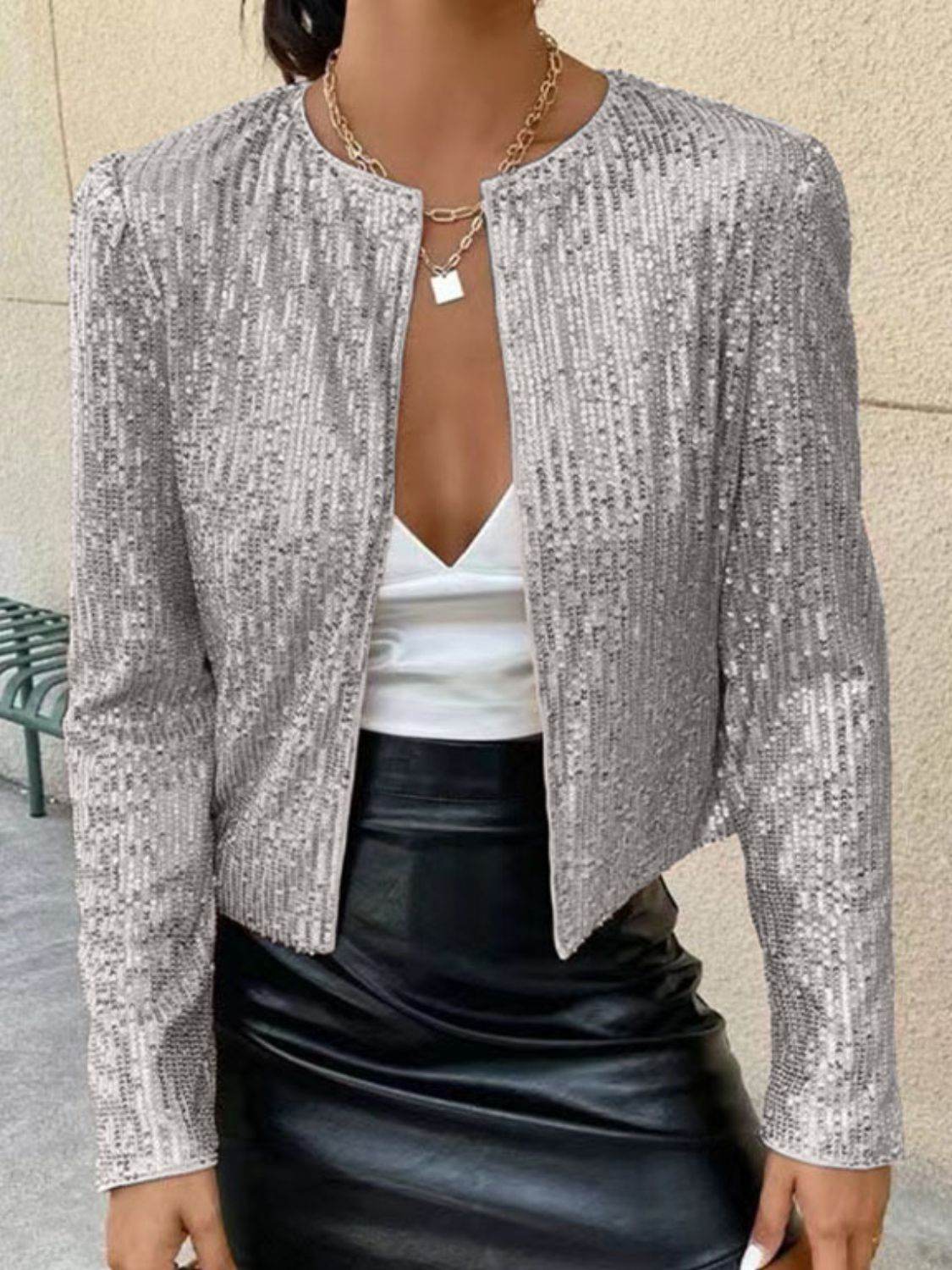 Sparkly Sequin Open Front Cropped Jacket - MARIGOLD 