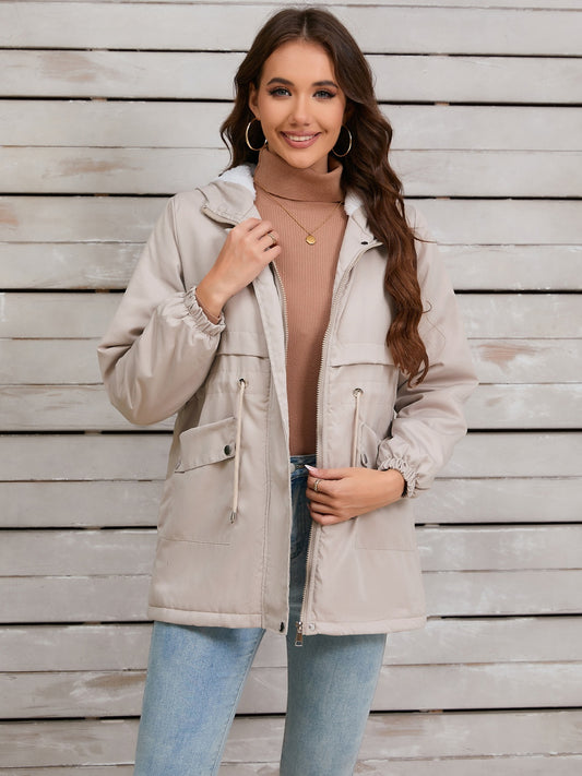 Drawstring Long Sleeve Hooded Jacket - MARIGOLD 