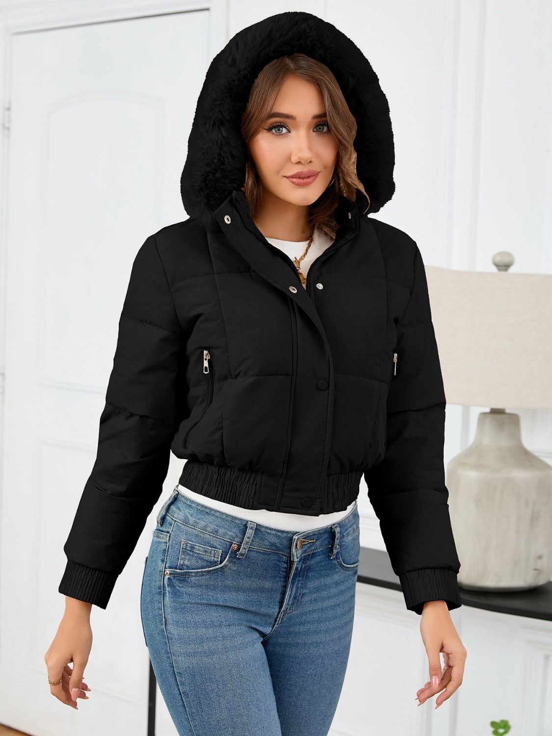 Cropped Hooded Winter Coat with Long Sleeves and Pockets - MARIGOLD 