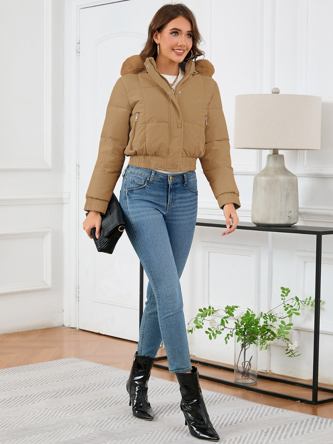 Cropped Hooded Winter Coat with Long Sleeves and Pockets - MARIGOLD 