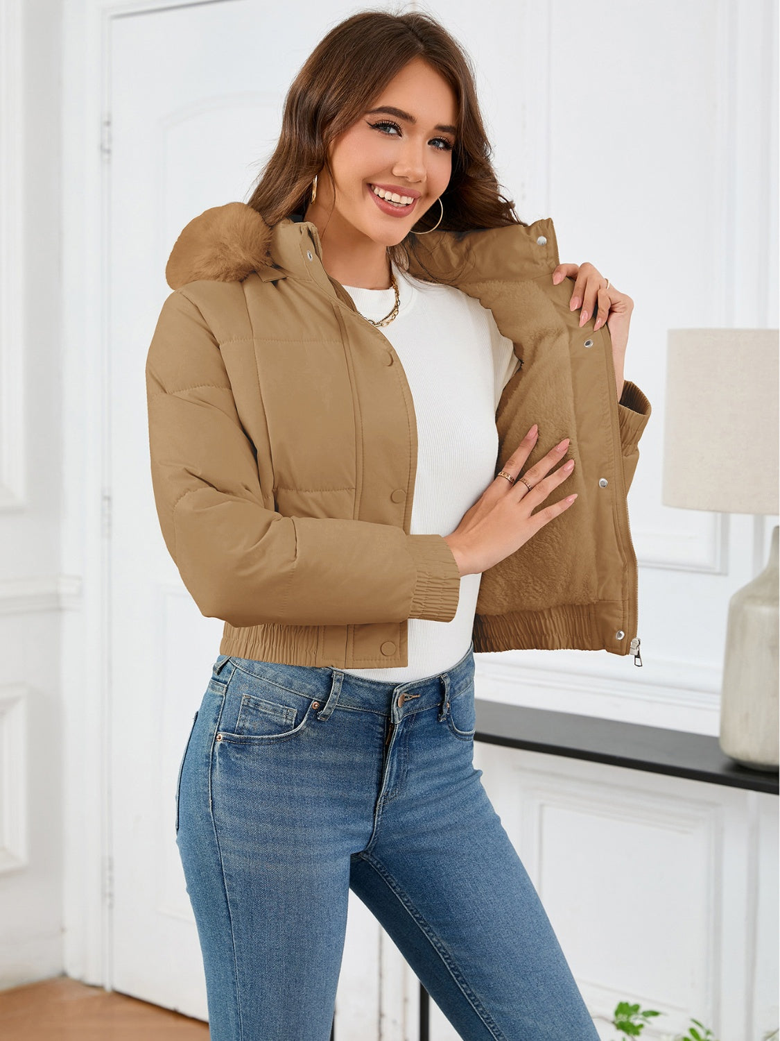 Cropped Hooded Winter Coat with Long Sleeves and Pockets - MARIGOLD 